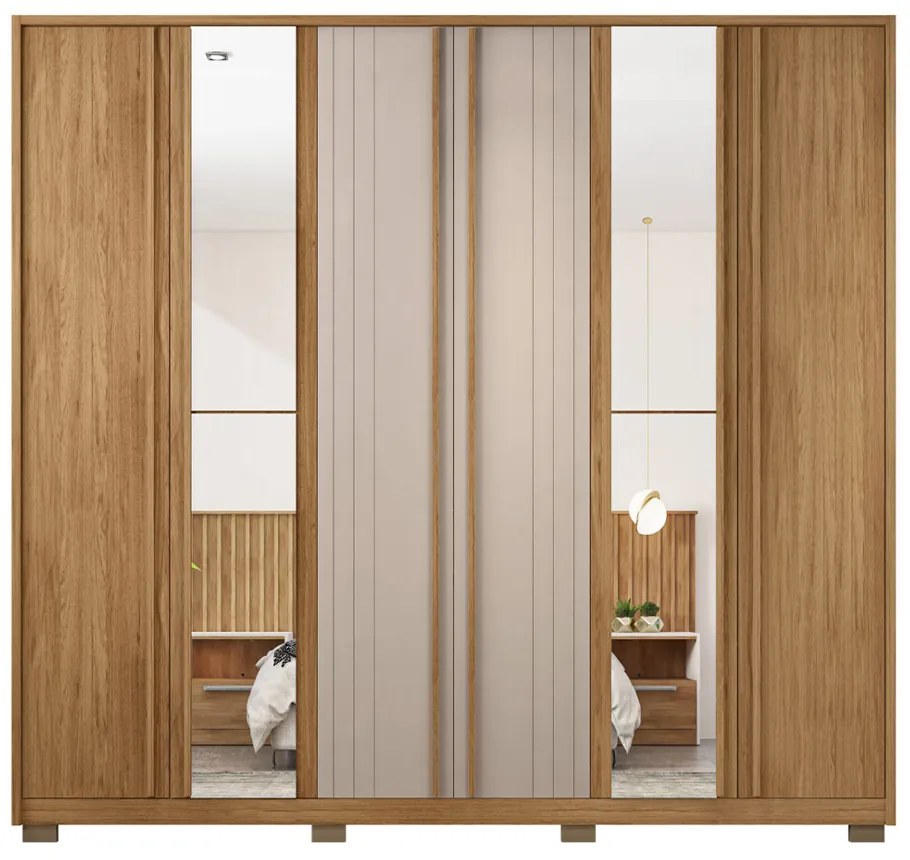 Guarda Roupa Casal Nilus 6 Portas com 2 Espelhos 4 Gavetas Ripado MDP Buriti/Fendi G11 - Gran Belo