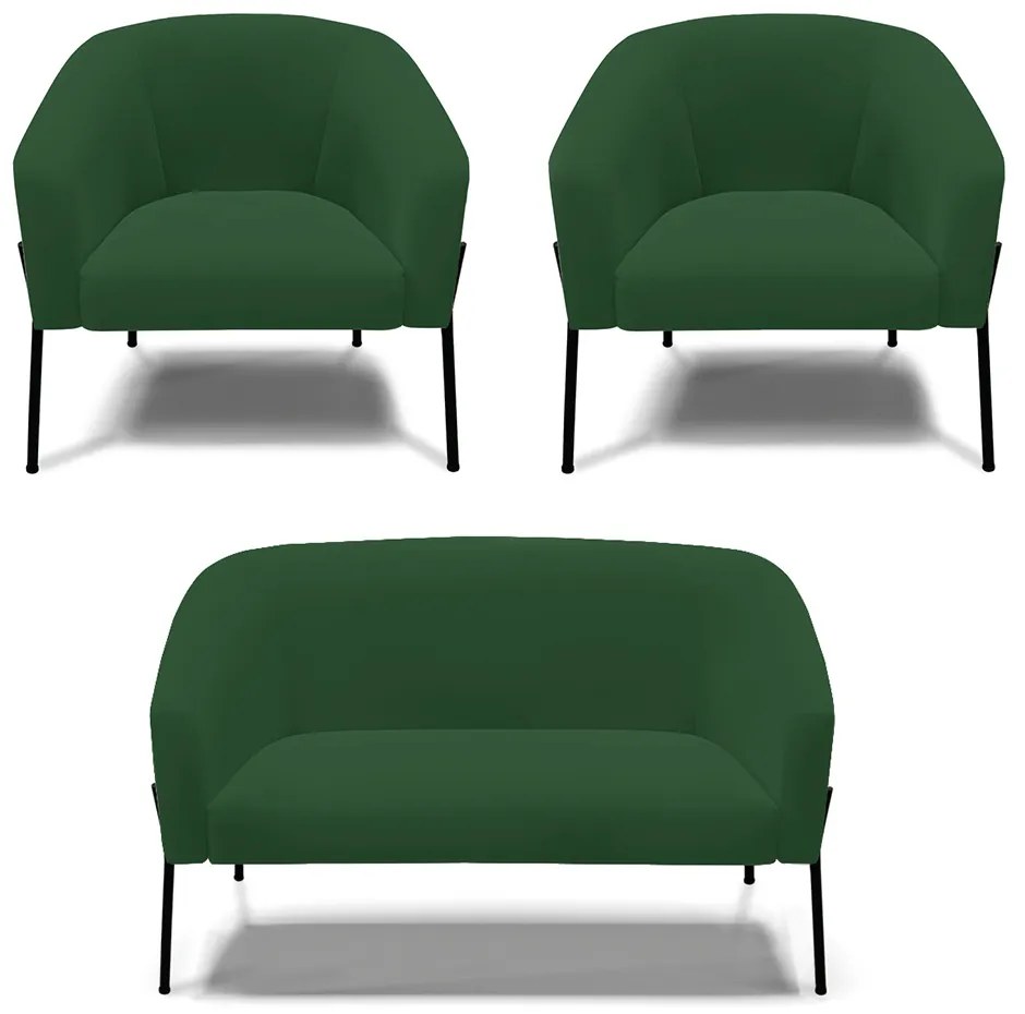Namoradeira e 2 Poltronas Pé de Ferro Preto Stella Veludo D03 - D'Rossi - Verde