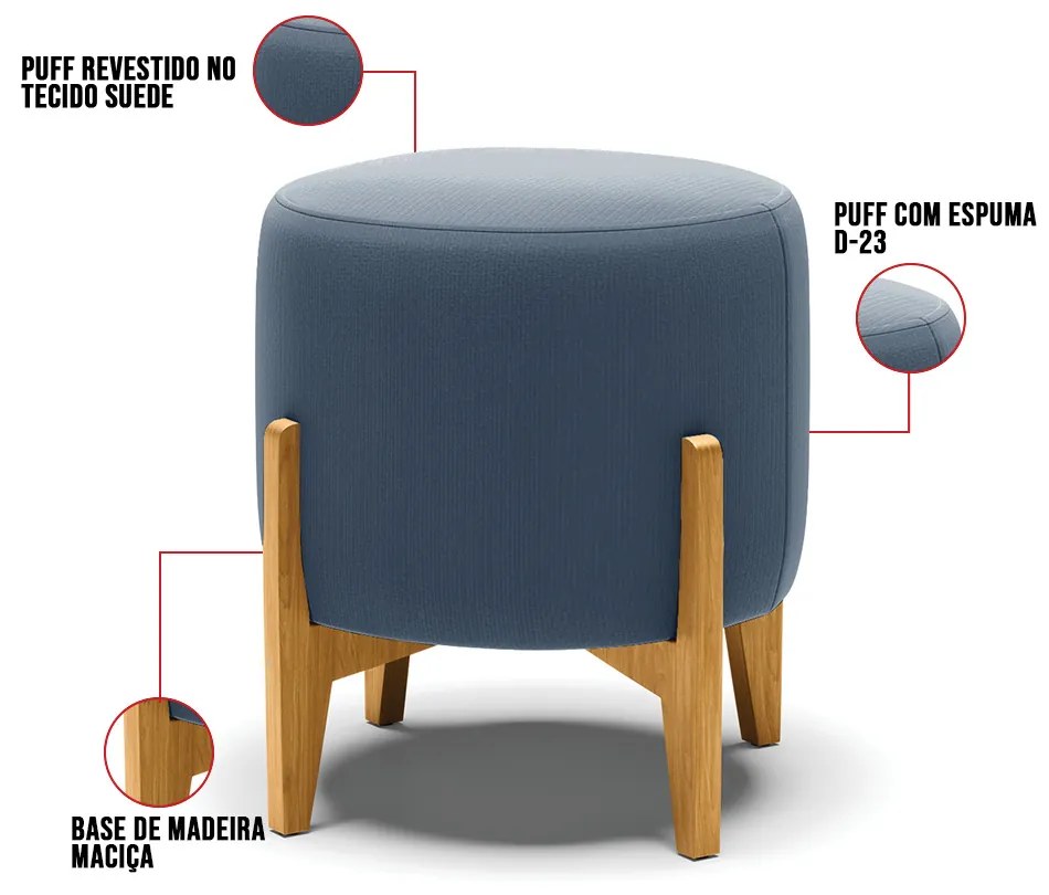 Puff Stella Suede Azul Marinho Base Madeira Castanho - D'Rossi