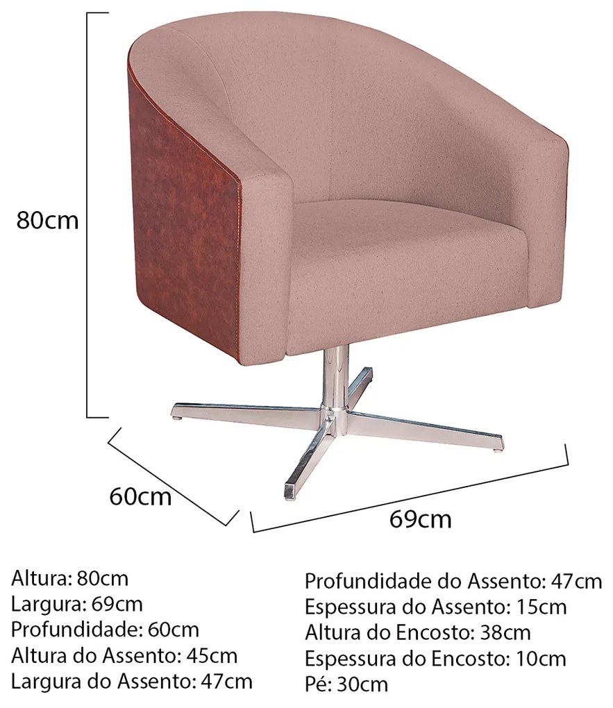 Poltrona Luiza Base Giratória de Metal Corano Nozes e Linho Rosê - ADJ Decor