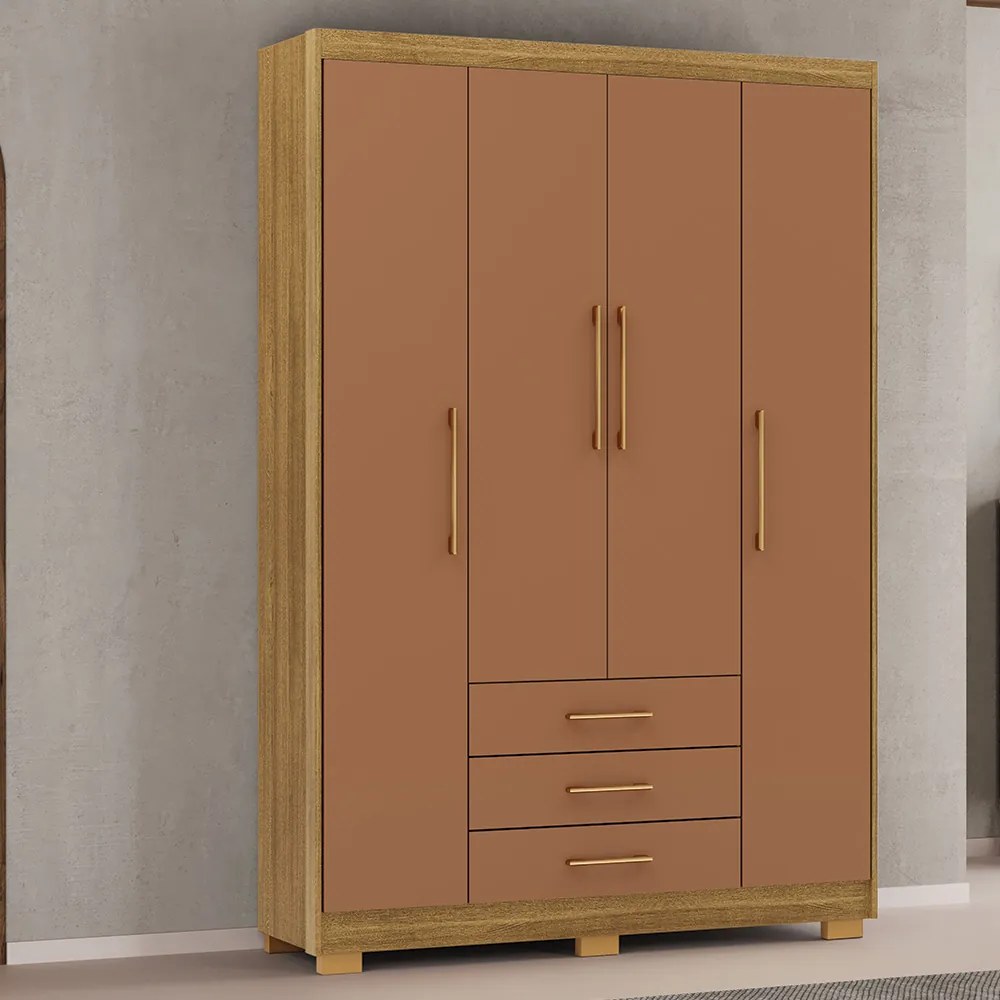 Guarda Roupa Solteiro Linna 150cm 4 Portas de Bater 3 Gavetas Nature/Terracota G98 - Gran Belo