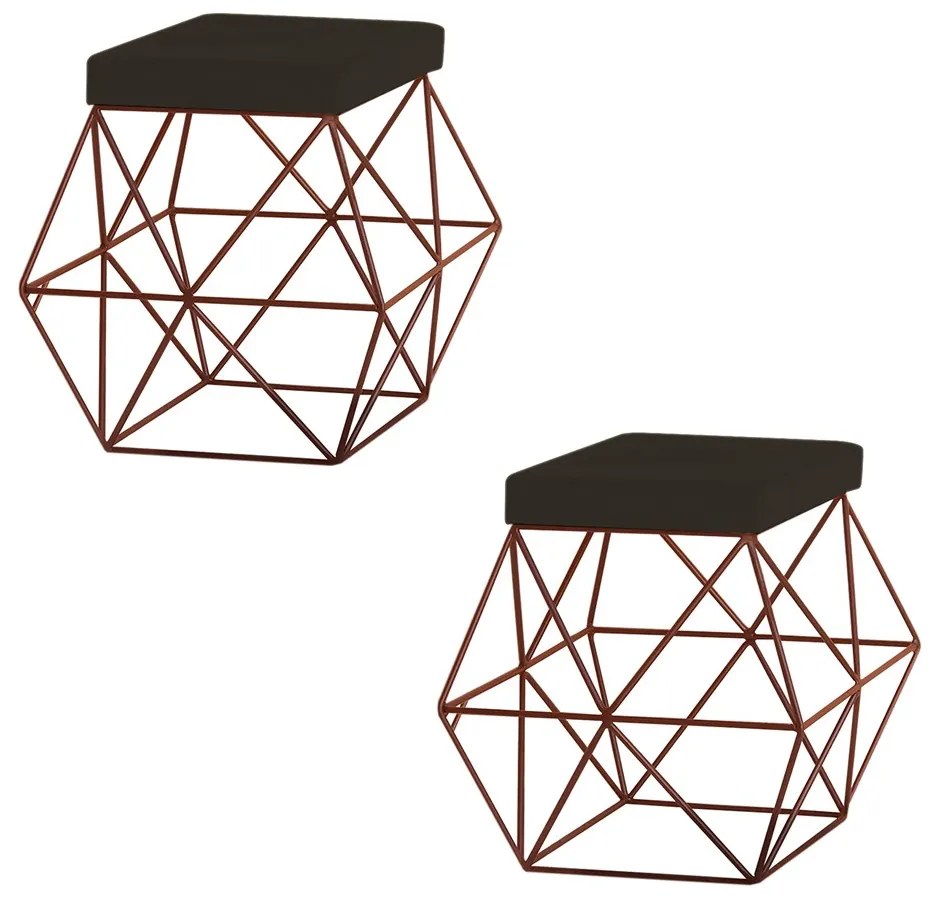 Kit 2 Puffs Decorativo Sala de Estar Base Bronze Trixie Suede Marrom G41 - Gran Belo