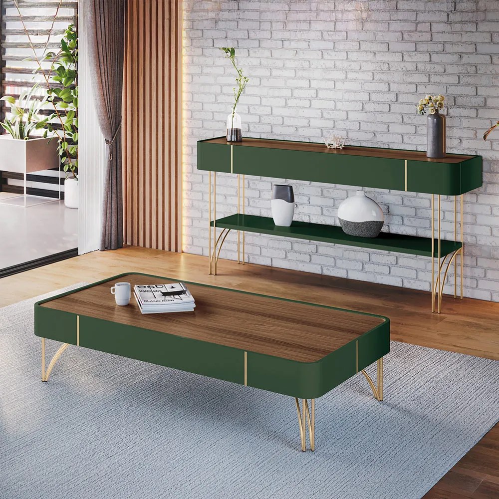 Conjunto Mesa de Centro Cadenza Aparador Vivant Verde Pistache/Castanho G26 - Hb Móveis