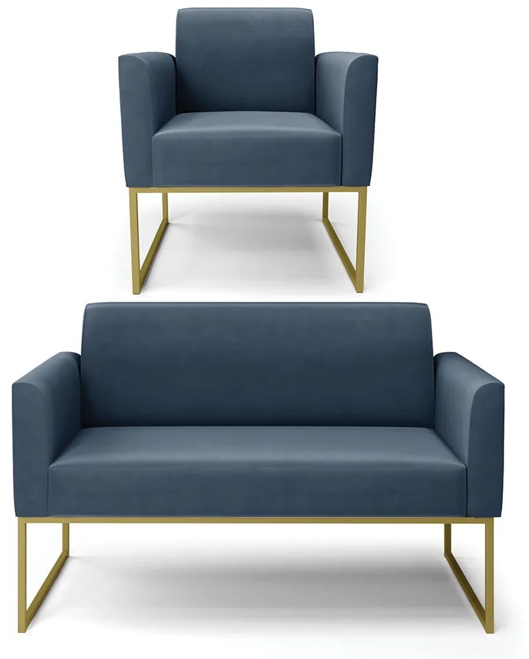 Sofá Namoradeira com Poltrona Base Industrial Dourado Marisa Suede Azul Marinho D03 - D'Rossi