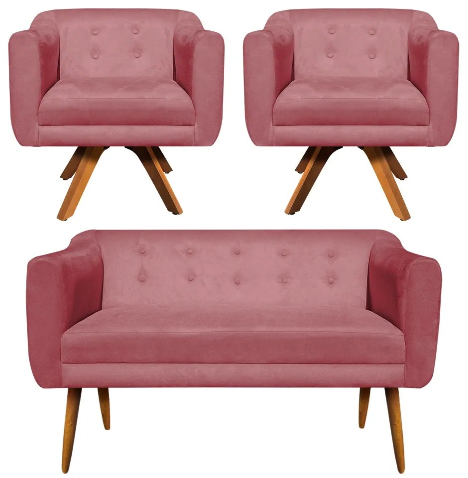 Kit 01 Namoradeira 02 Lugares e 02 Poltronas Giratória Julia Suede Rose Base Madeira MM30 D'Rossi
