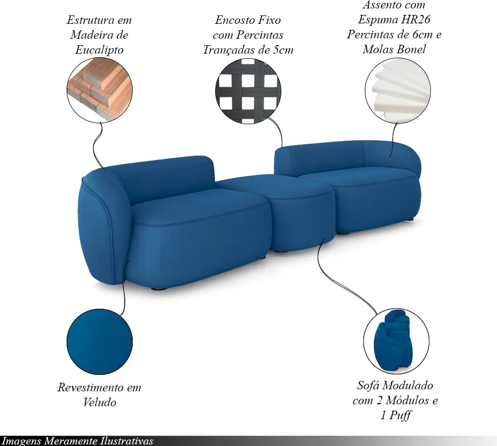 Sofá Versátil Sala de Estar Egito 382cm Modulado Veludo Azul G52 - Gran Belo