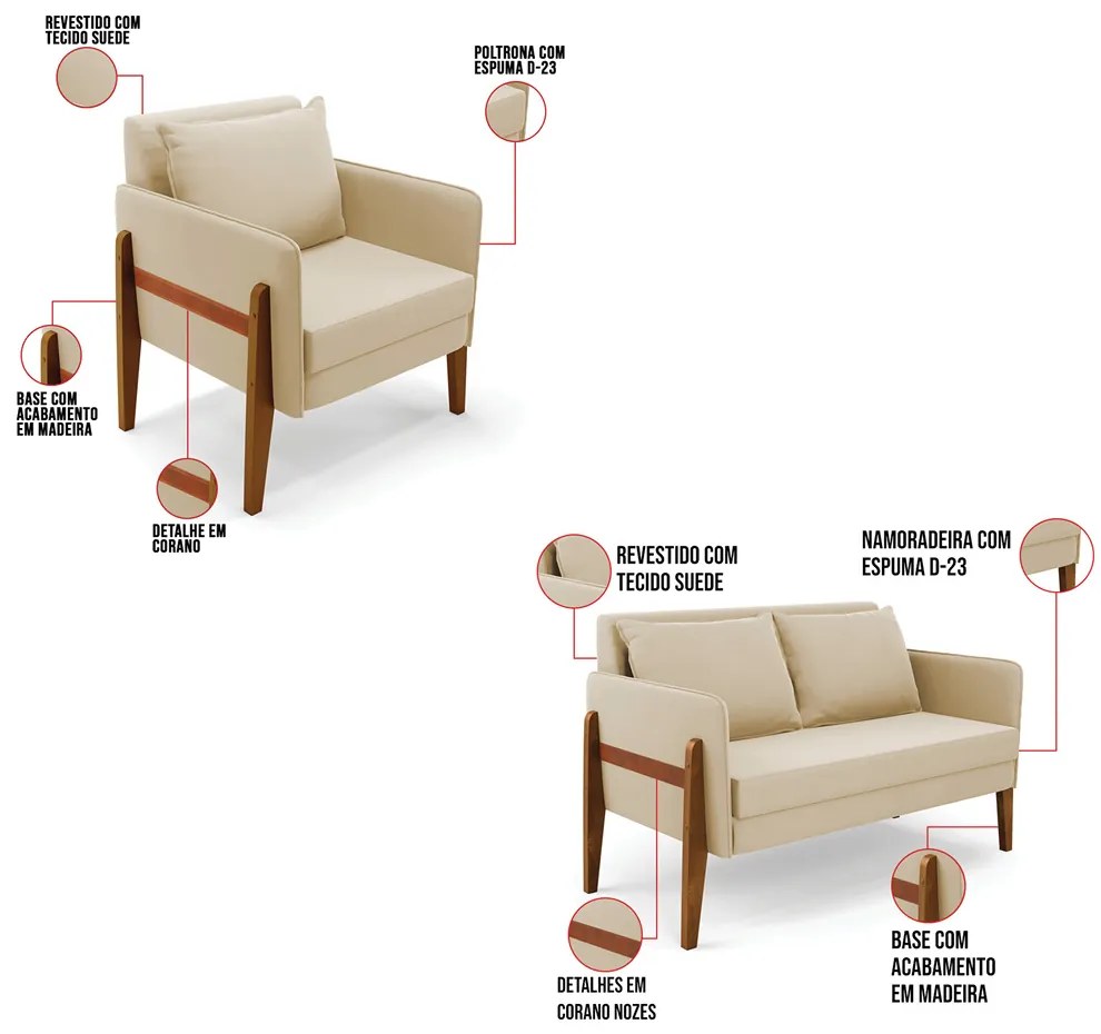 Kit 1 Sofá Namoradeira e 2 Poltronas Lana Suede Bege Base de Madeira