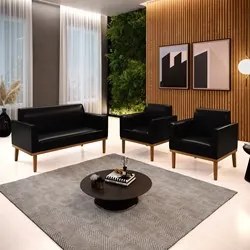 Sofá Namoradeira e 2 Poltronas Base Madeira Castanho Maressa Sintético