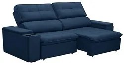Sofá Retrátil Reclinável 3 Lugares 210cm Ginevra F05 Veludo Azul - Mpo
