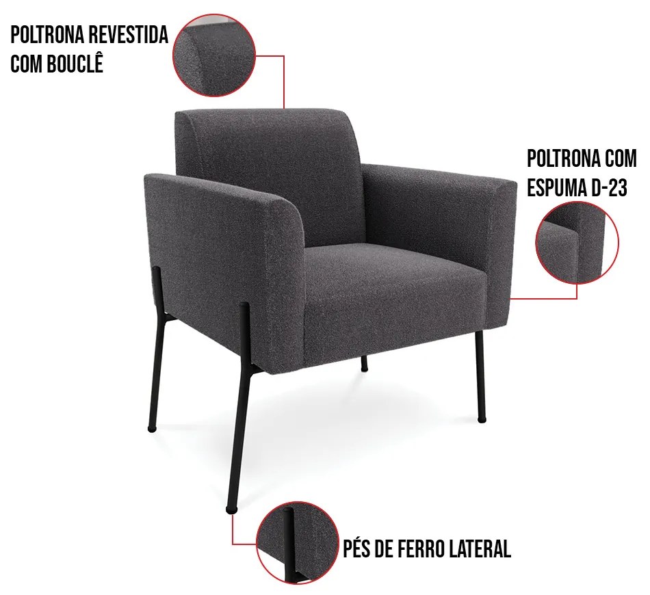 Namoradeira e 2 Poltronas Pé Ferro Preto Marisa Bouclê Grafite D03 - D'Rossi