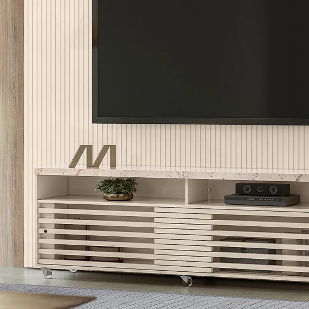 Painel TV 75 Pol 238cm Ripado Kalven com Rack Bancada Nerion M20 - D'Rossi - Calacata(brilho)/Off White(brilho)