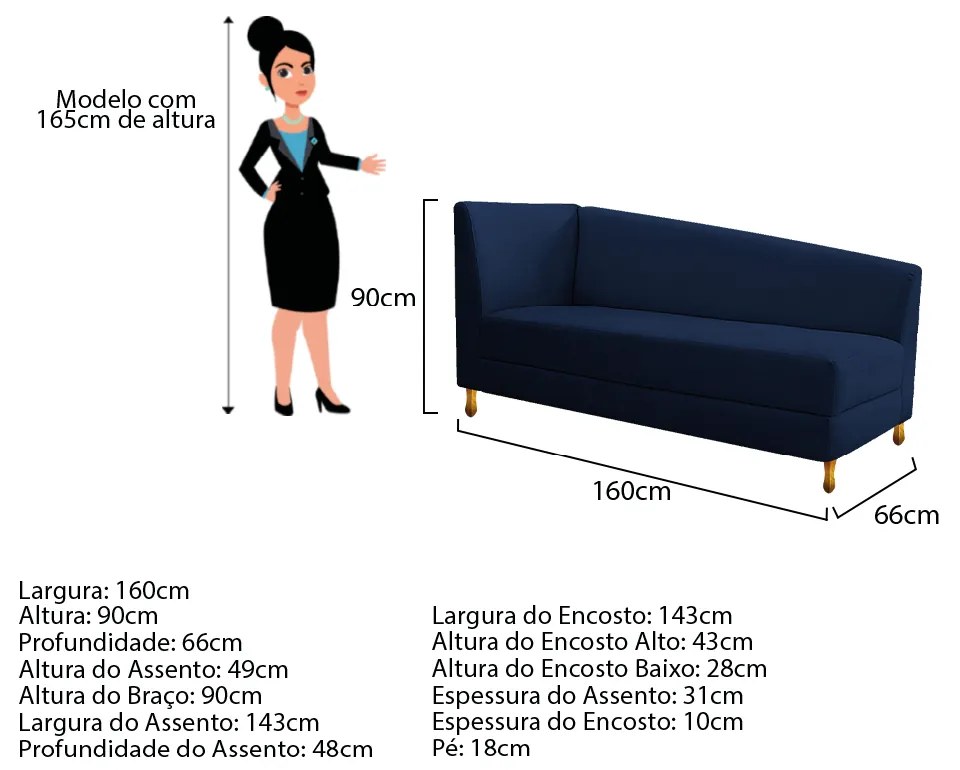 Recamier Valéria 160cm Lado Direito Suede Azul Marinho - ADJ Decor