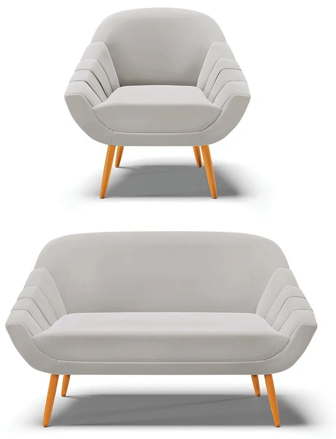 Kit 01 Namoradeira 02 Lugares e 01 Poltrona Giovana Veludo Cinza Pés Palito Castanho - Indo Decorar