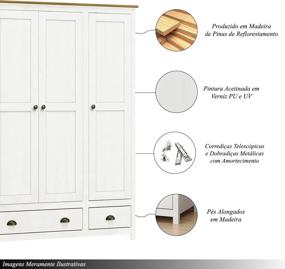 Guarda Roupa Madeira Maciça 3 Portas Osiris 2 Gavetas Branco/Freijó - G74 - Gran Belo