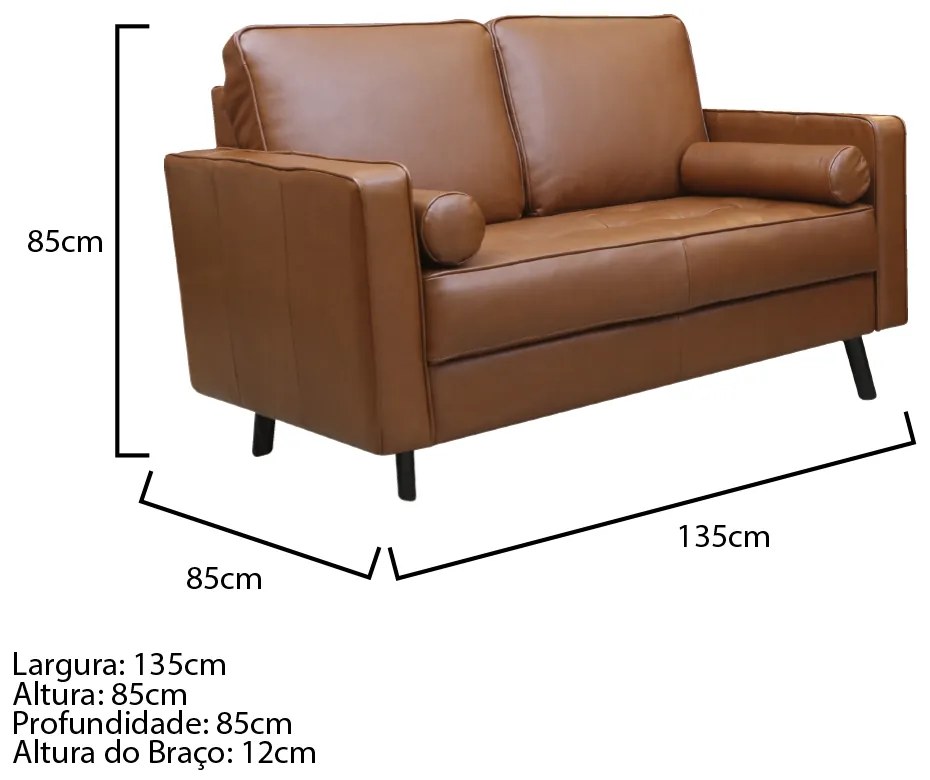 Sofá de Couro 2 lugares Vancouver M06 Cor Conhaque 457 - ADJ DECOR