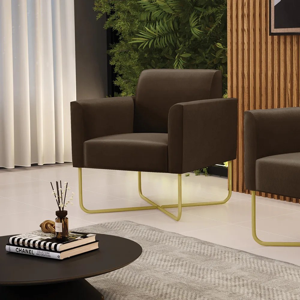 Poltrona Base X Industrial Dourado Marisa Suede Marrom D03 - DRossi