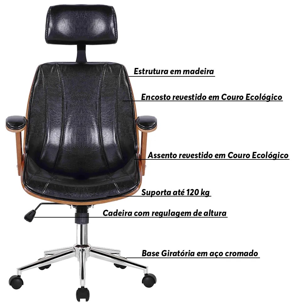 Cadeira de Escritório Juliette Presidente Giratória Preta G24 - Gran Belo