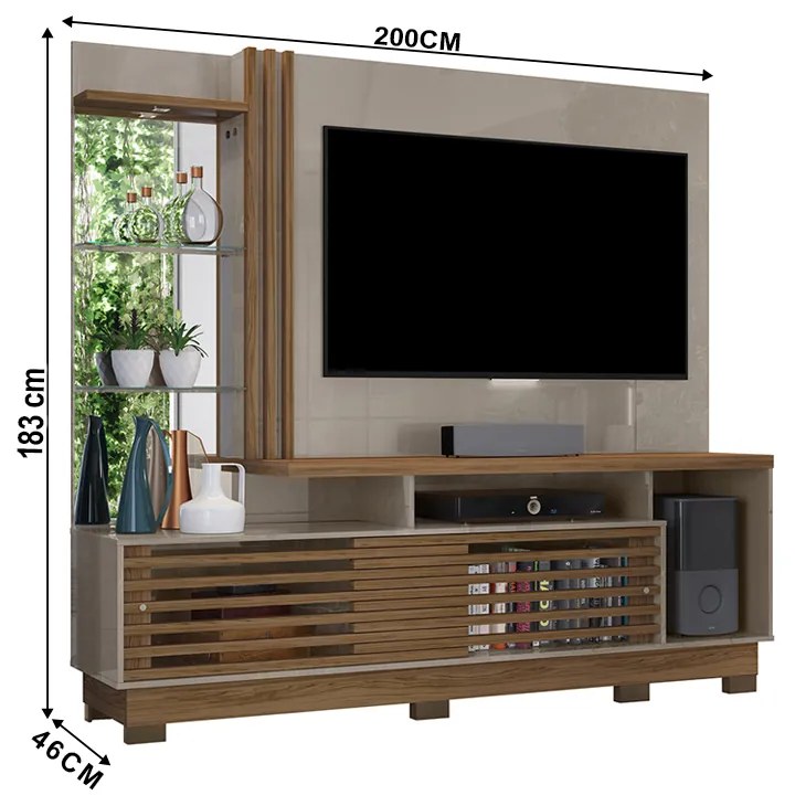 Estante de TV 60 Pol 200cm com Pé Sala de Estar Lumari M20 - D'Rossi - Fendi e Naturale