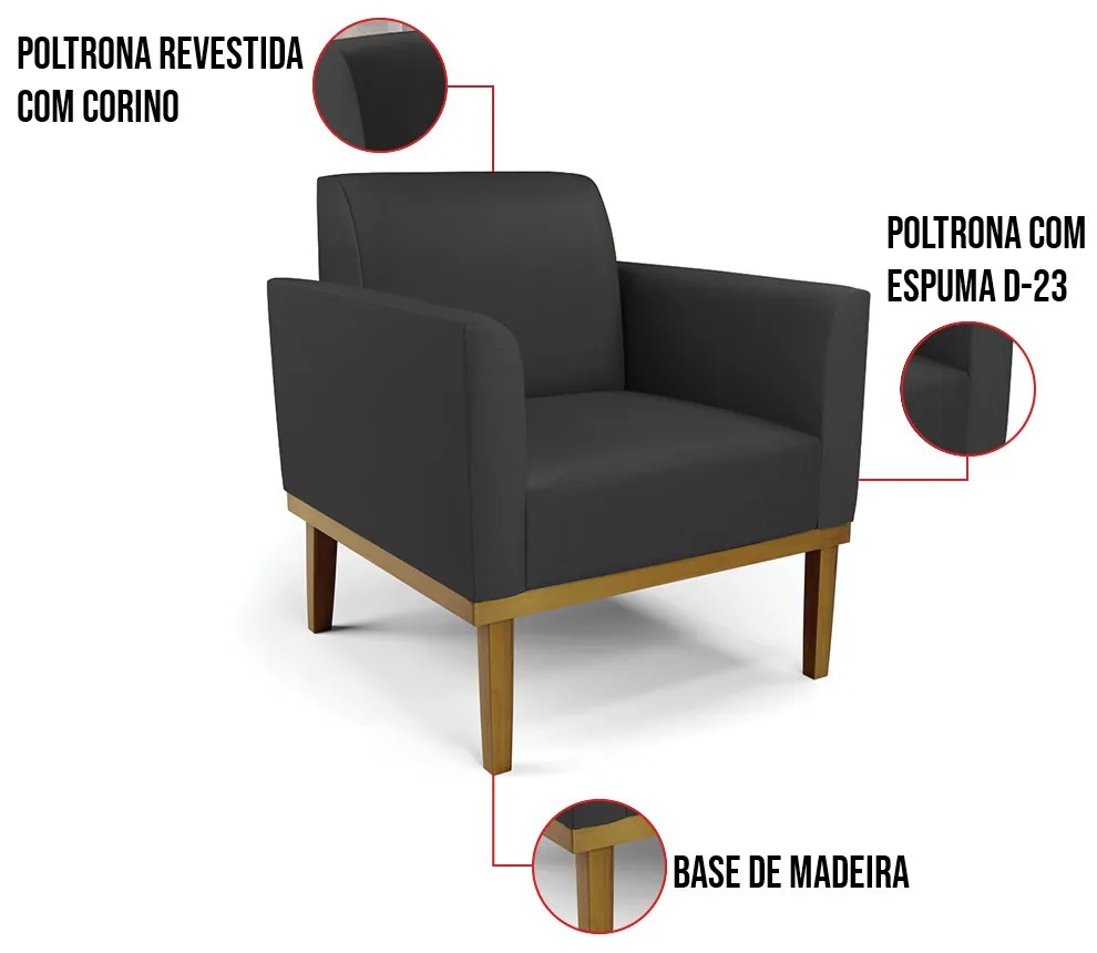Kit 2 Poltronas Base de Madeira Fixa Castanho Marisa Corino - Preto