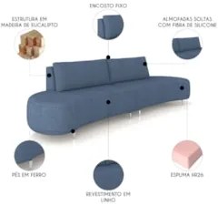 Sofá 3 Lugares 220cm Orgânico Pé Ferro Nagai Linho Azul Z55 - Mpozenat