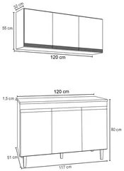 Armário e Balcão Gabinete Para Pia 120cm com Tampo 3 Portas Manu Branc