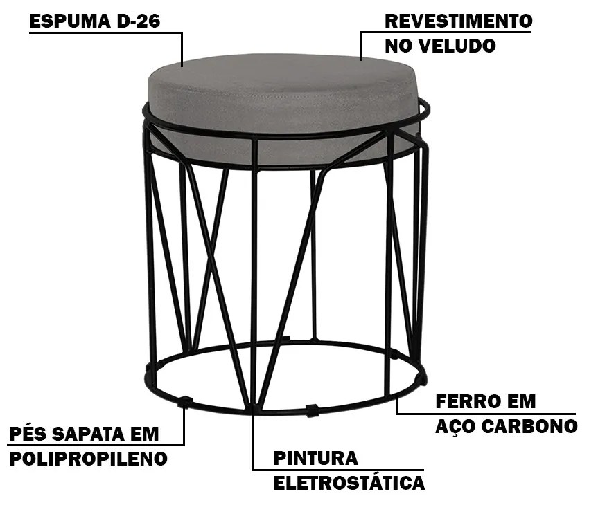 Puff Decorativo Sala de Estar Base Preto Chloe Veludo Cinza G41 - Gran Belo