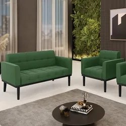 Sofá Namoradeira e 1 Poltrona Base Madeira Preto Ana Suede Verde - Ibi