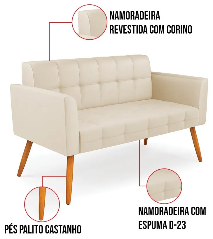 Kit 1 Sofá Namoradeira e 2 Poltronas Elisa Corino Pés Palito Castanho D03 - D'Rossi - Branco
