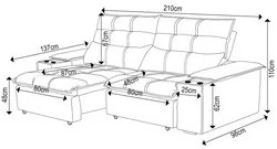 Sofá Retrátil 3 Lugares com Porta Copo 210cm Malta F05 Veludo Cinza -