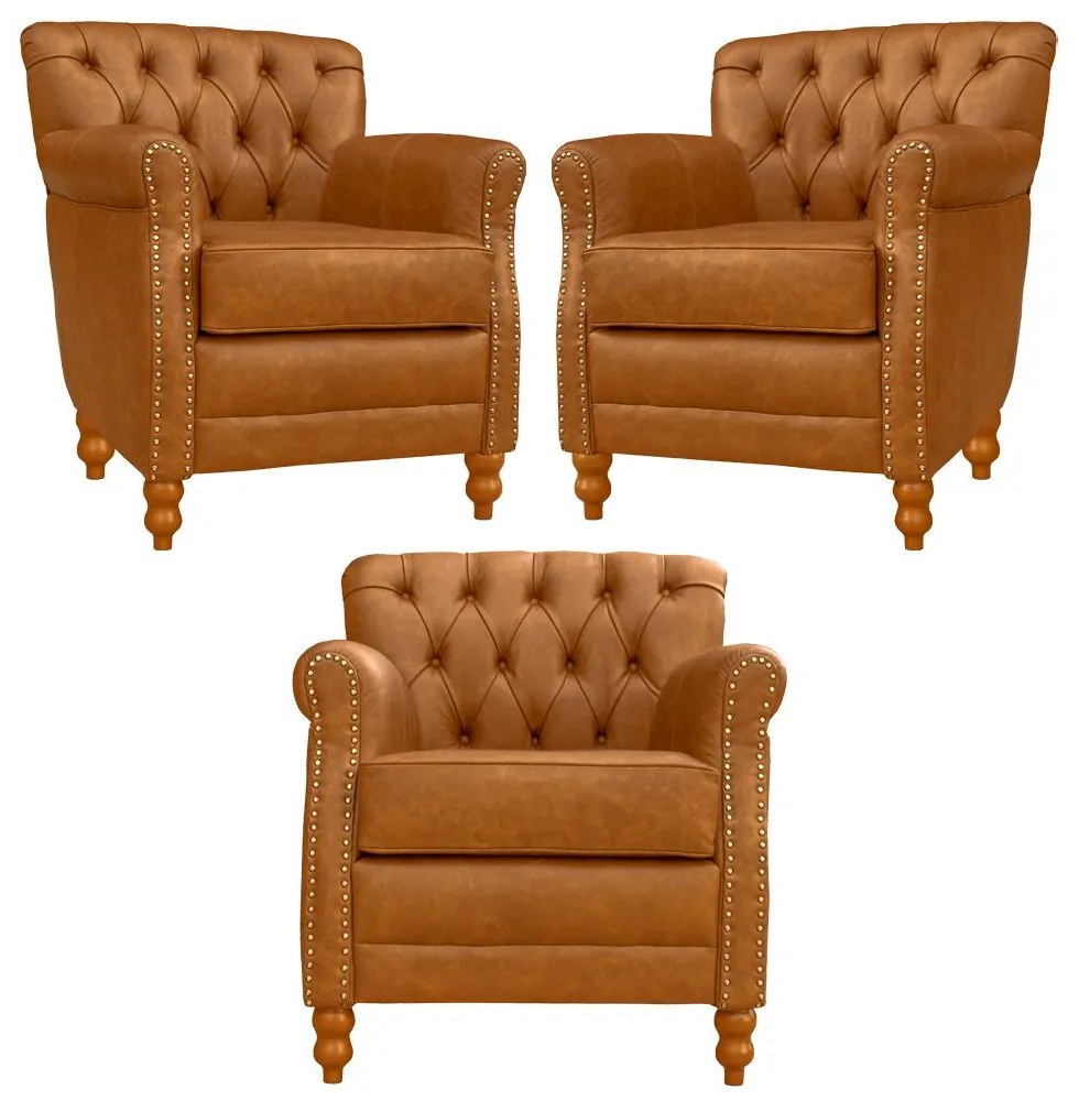 Kit 03 Poltronas Decorativas Sala de Estar Níger Pés Madeira Couro Mel G58 - Gran Belo
