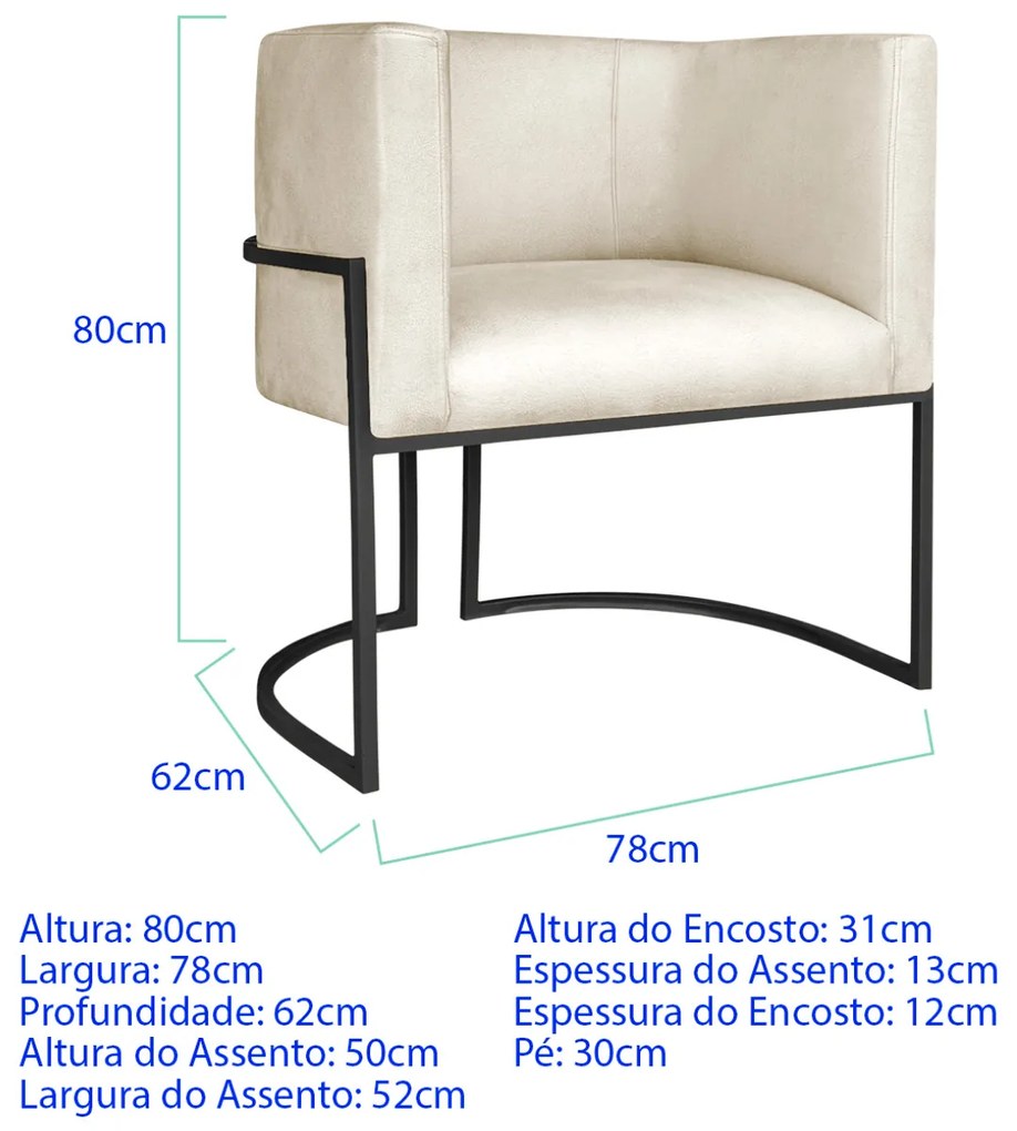 Kit 2 Poltronas Dália Luxo Moderna Estofada Design Sofisticado com Base de Ferro Preto Corano