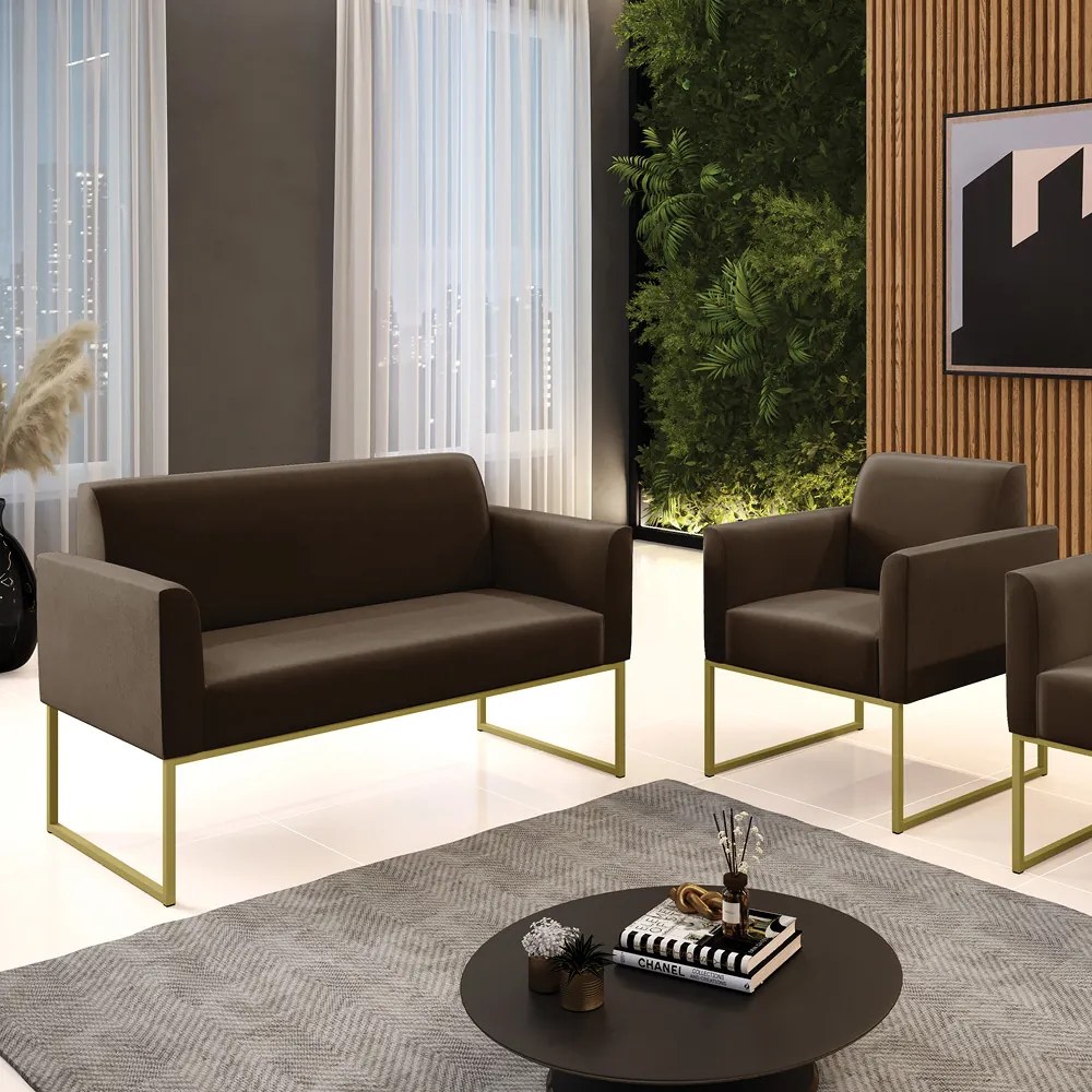 Sofá Namoradeira com Poltrona Base Industrial Dourado Marisa Suede D03 - D'Rossi - Marrom