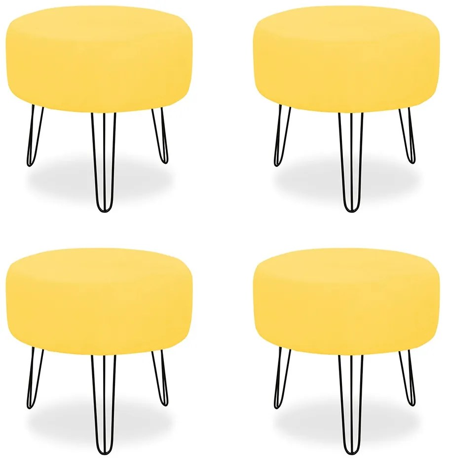 Kit 04 Puffs Redondos para Sala Chloe Suede Amarelo