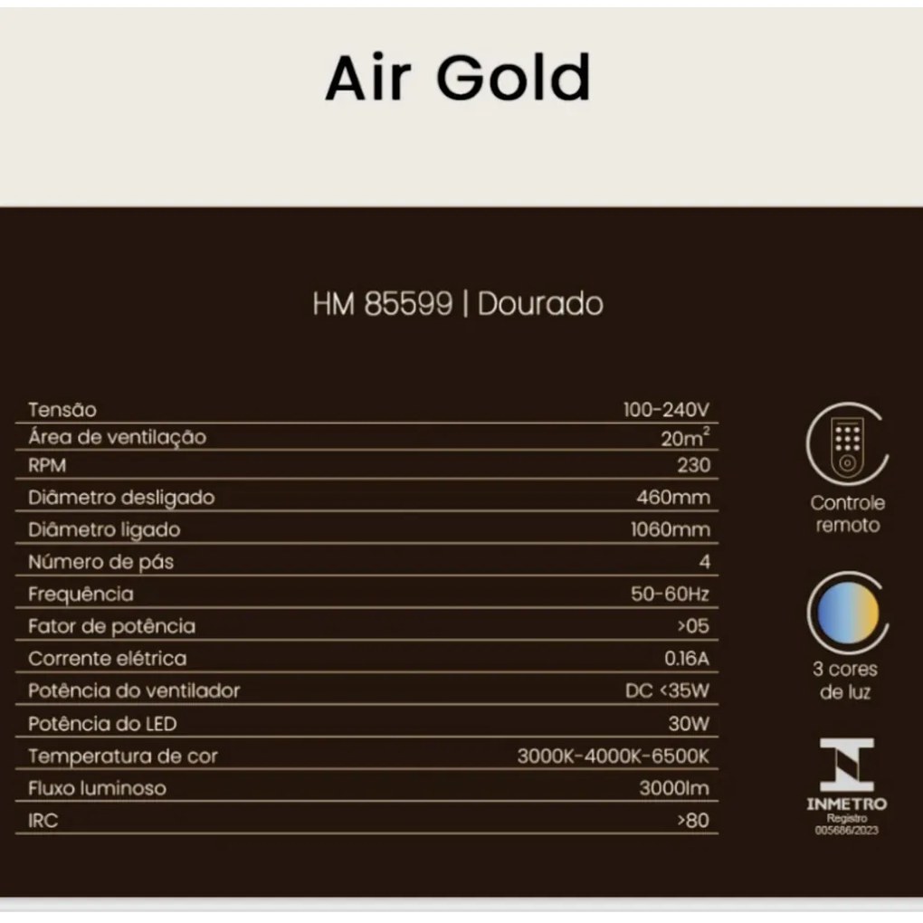 Ventilador De Teto Air Gold Dourado Pás Retrátil Led 30W Multicolor Bi...