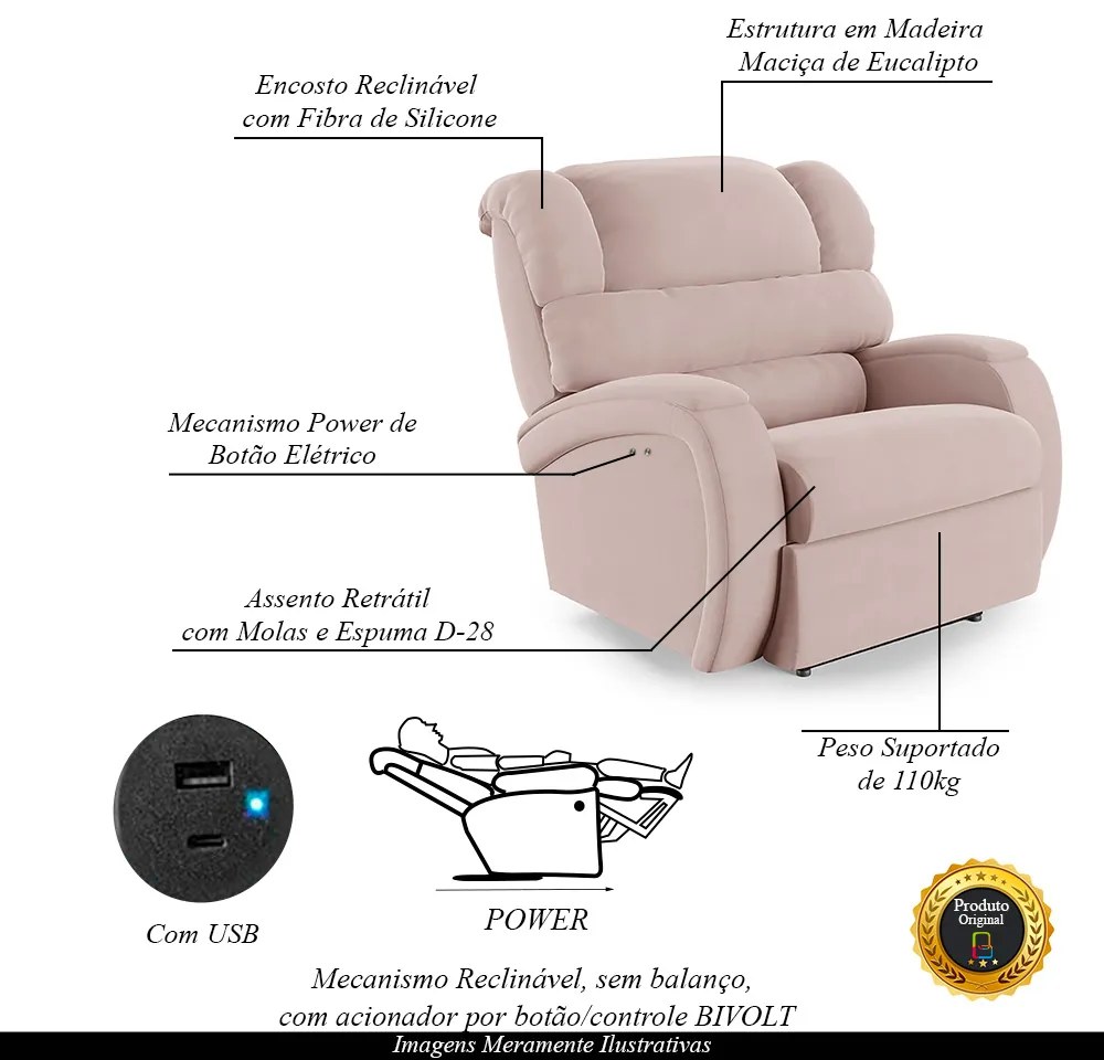 Poltrona do Papai Sala de Cinema Reclinável Kylie Power Touch USB Veludo Rosê G23