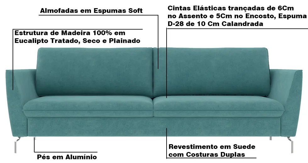 Sofá Decorativo Sala de Estar 190cm Olívia Suede Turquesa G52 - Gran Belo