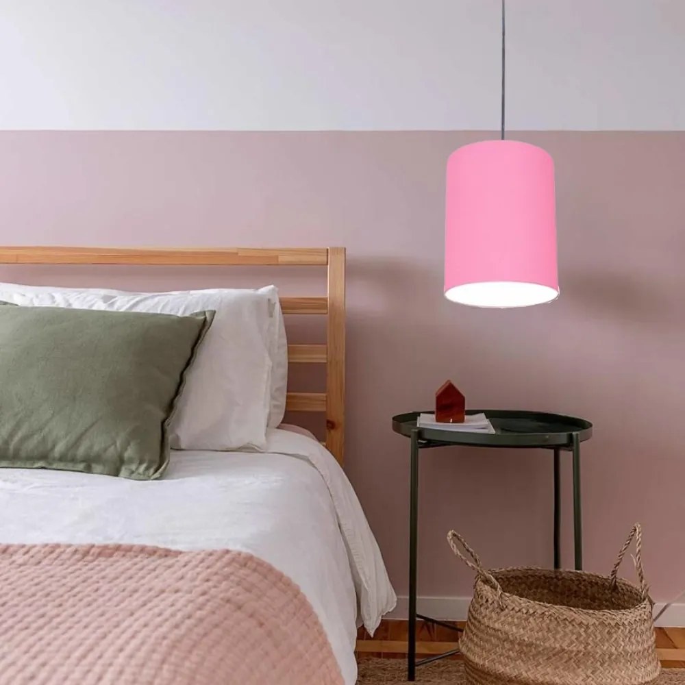 Lustre Pendente Cilíndrico Md-4012 Cúpula em Tecido 18x25cm Rosa Bebê - Bivolt