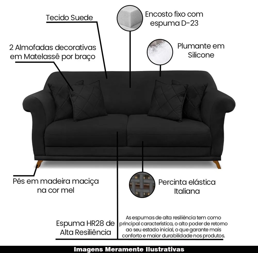 Sofá Decorativo 160cm 2 Lugares com 4 Almofadas Armstrong Suede Preto G63 - Gran Belo