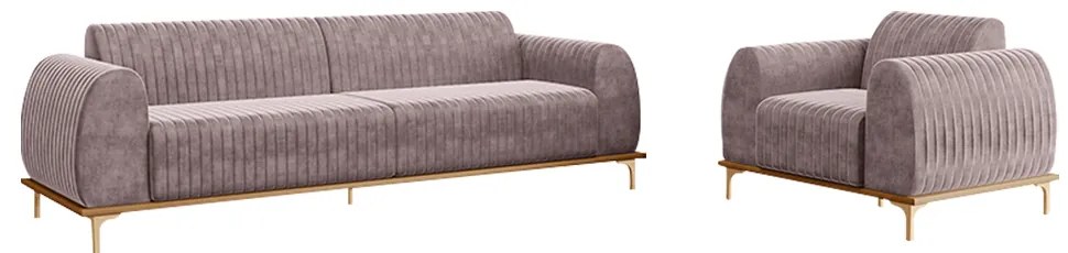 Conjunto Sofá 3 Lugares e Poltrona Base de Madeira Euro 210 cm Veludo Rosê G15 - Gran Belo