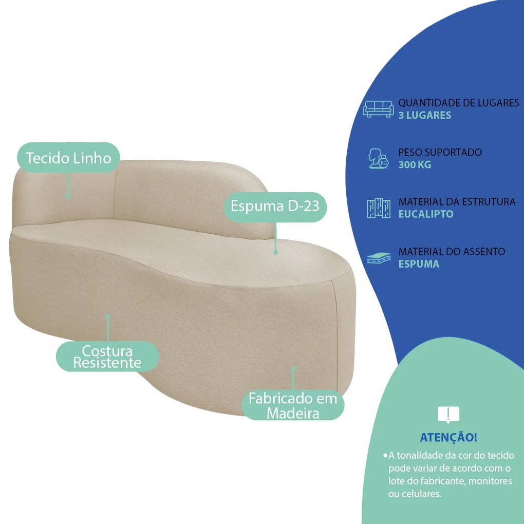 Divã Recamier Orgânico Tokyo 200cm Lado Direito Linho - ADJ Decor