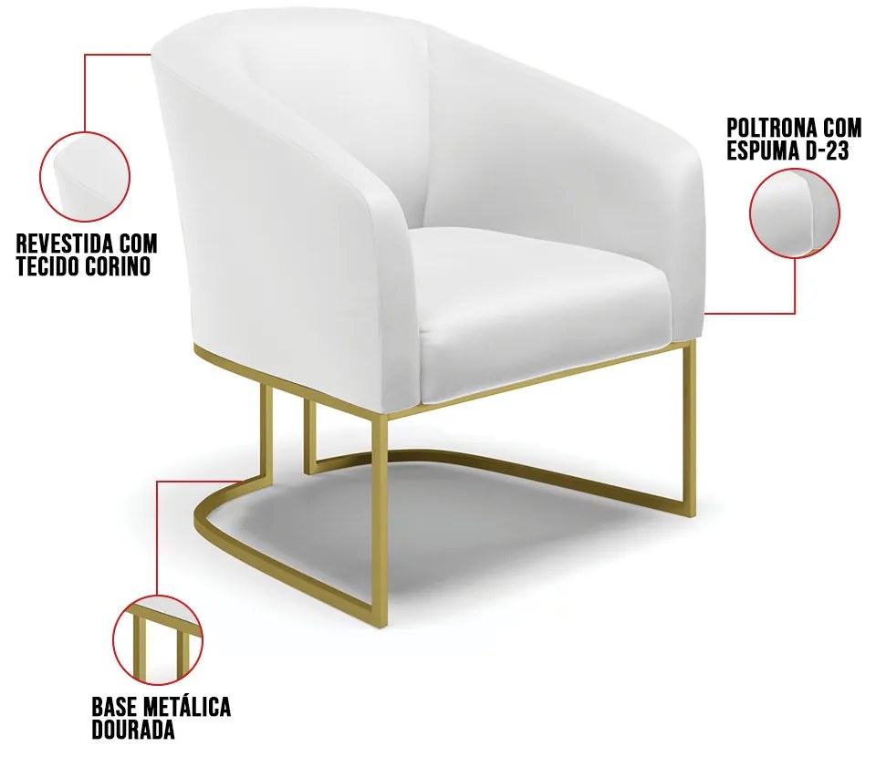 Poltrona Decorativa Industrial Dourada Stella Sintético D03 - D'Rossi - Branco