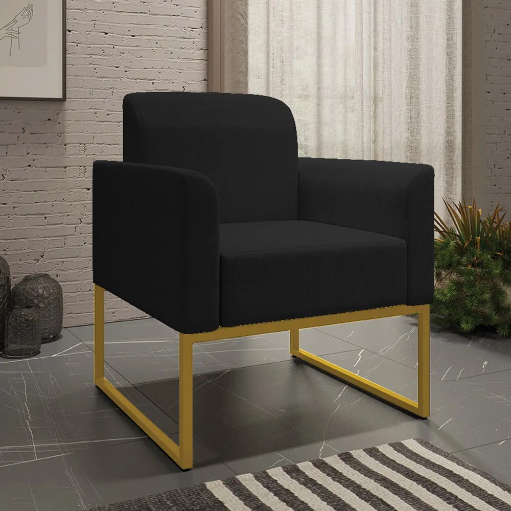 Poltrona Decorativa Isabella Base Industrial Linho Preto/Dourado G19 - Gran Belo