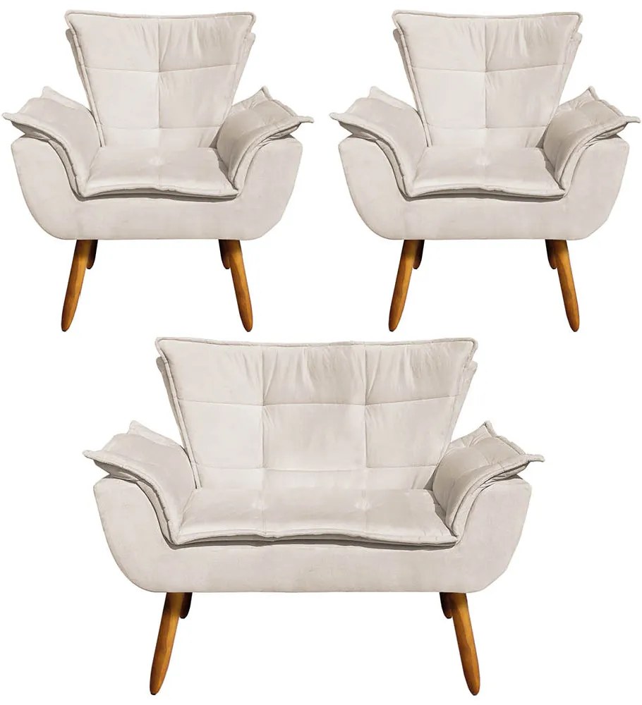 Namoradeira e 2 Poltronas Pé Palito Castanho Opala Suede - Bege
