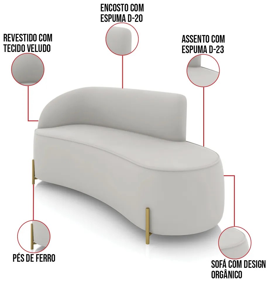 Sofá 3 Lugares Orgânico 180cm Pé em Aço Dourado Morgan Veludo D03 - D'Rossi - Cinza