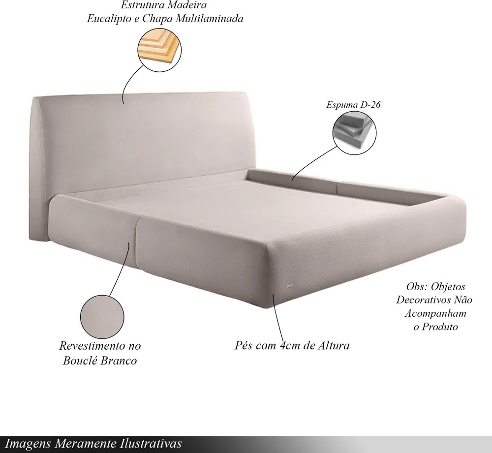 Cama com Cabeceira Pagani Queen Base no Chão Bouclê Branco G92 - Gran Belo