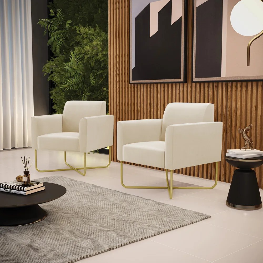 Kit 2 Poltronas Base X Industrial Dourado Marisa Suede Bege  D03 - DRossi