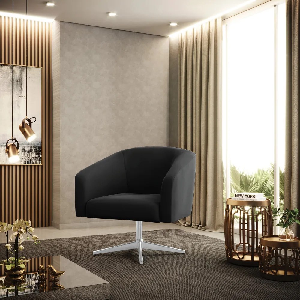 Poltrona Decorativa Giratória Cromada Stella Veludo Preto D03 - D'Rossi