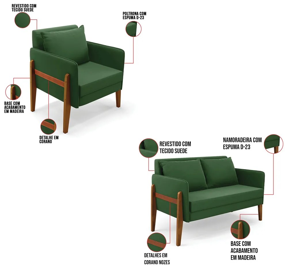 Kit 1 Sofá Namoradeira e 2 Poltronas Lana Suede Base de Madeira D03 - D'Rossi - Verde