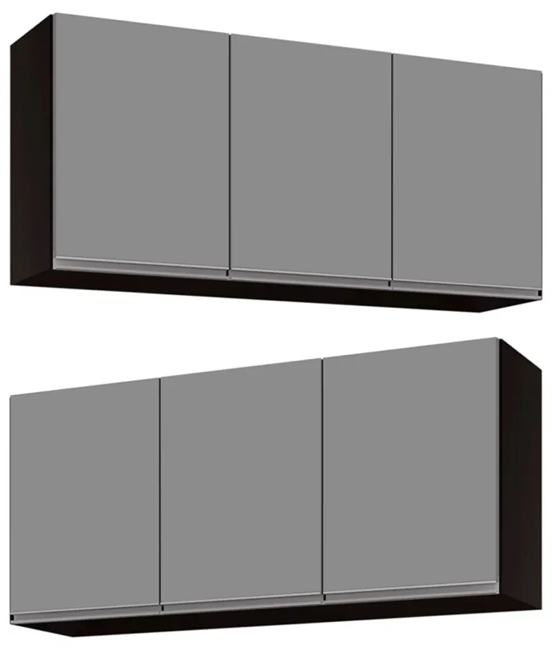 Kit 2 Armários Aéreo de Cozinha Lavanderia 03 Portas Tina 120 cm - D'Rossi - Preto e Cinza