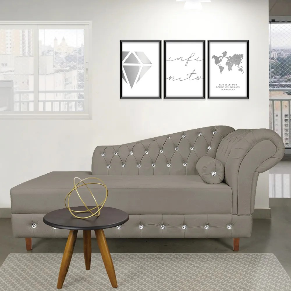 Divã Chesterfield 165 cm Capitonado com Strass Suede D'Rossi - Marrom Rato